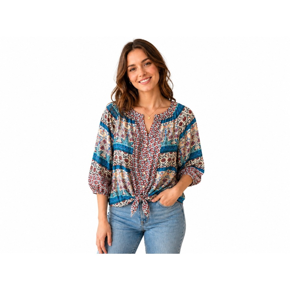 Anthropologie Fig & Flower Womens Large Boho Floral Peasant Blouse Blue Red Top
